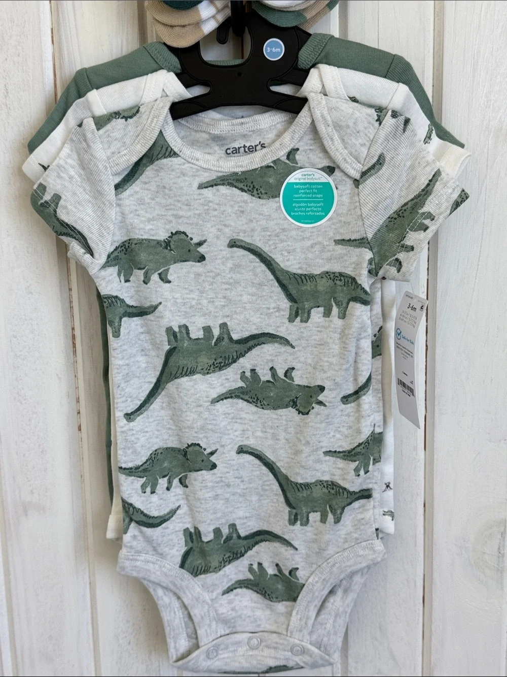 Carter's Heather Gray and Green Dinosaur Short Sleeve Onesie Set